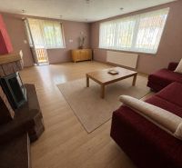 Living room in a family house with a sofa, fireplace, and wooden decor flooring.