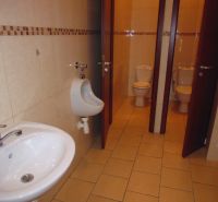 Restroom in the office with a sink, urinal, and two stalls.