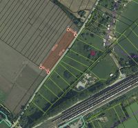 Aerial photograph of residential plots in Plaveč, with marked boundaries.