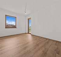 Empty room with white walls, windows, and a wood-patterned floor in a family house.