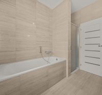 Bathroom with a bathtub and shower in a family house. Walls and floor with stone decor.