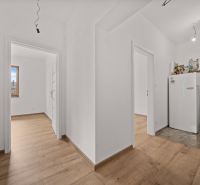 A hallway in a family house with a wooden decor floor and a boiler.