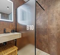 Bathroom with a translucent shower wall, stone sink, and decorative lighting.