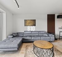 Gray sofa set, round table, and painting in the living room of a family house.