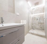 A bathroom in a 3-room apartment with a modern shower and sink.