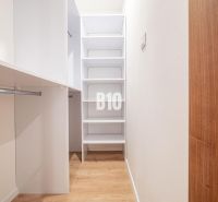 A wardrobe in a 3-room apartment with shelves and a wooden decor floor.