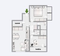 Floor plan of a 3-room apartment with a balcony, loggia, bathroom, and wardrobe.