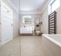 A spacious bathroom in a family house with an elegant bathtub and a modern sink.