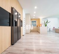 Spacious living room with wood-patterned flooring in a family house.