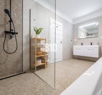 A bathroom with a modern shower and bathtub in a family house.