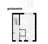 Ground floor plan of a family house with an open kitchen and a wooden decor floor.