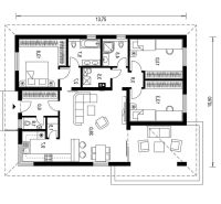 Floor plan of a family house with three rooms and a kitchen in Nitra.
