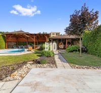 A garden of a family house in Nitra with a swimming pool and a gazebo surrounded by greenery.