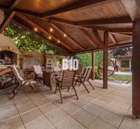 A covered terrace with a fireplace and wooden chairs at a family house in Nitra.