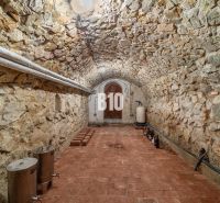 Stone cellar of a family house with an arched ceiling and brick floor.