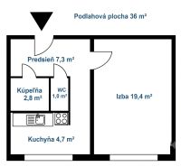 Floor plan of a 1-bedroom apartment with an area of 36 m².