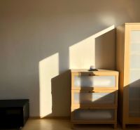 Cabinets in a one-room apartment with a wooden decor floor and sunlight.