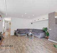 Living room in a family house with a sofa and wood-patterned flooring.