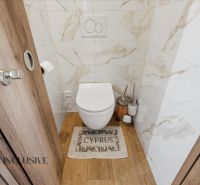 A toilet in a family house with a wooden decor floor and ceramic tiles.