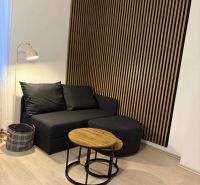 1-bedroom apartment with a sofa, coffee table, and a wall with wooden slats.