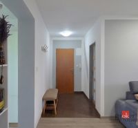 A hallway in a 4-room apartment with a bench and a bookshelf.