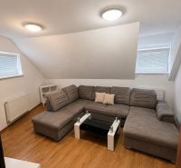A comfortable sofa in a 2-room apartment on a floor with a wooden decor.