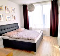 Bright bedroom with wood-decor flooring and decorative paintings, 3-room apartment.