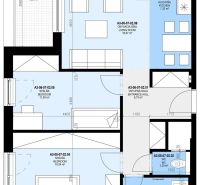 Floor plan of a 3-room apartment with a living room, two bedrooms, a kitchen, and a balcony.