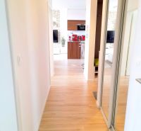 A hallway to the kitchen in a 3-room apartment with a wooden decor floor and built-in wardrobes.