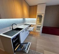 Kitchen unit with open appliances in a studio apartment with a wooden decor floor.