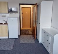 Studio apartment with a kitchenette, refrigerator, and microwave, wooden decor flooring, entrance door.