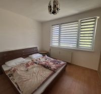 Bedroom in a 2-room apartment with a bed, next to a window with blinds and a wardrobe.