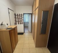 A hallway with storage cabinets and tiles in a 2-room apartment.