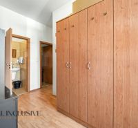 A hallway with a wooden decor floor, wardrobes, and a bathroom in a 3-room apartment.