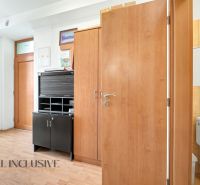 A hallway with a wardrobe, a cabinet, and a toilet, a floor with a wooden decor in a 3-room apartment.