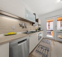 Family house kitchen with kitchen unit, dining table, and decorative plants.