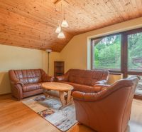 Living room in a family house with leather sofas and a wooden decor floor.