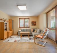 Living room in a family house with a comfortable sofa, wooden furniture, and large windows.