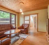Living room in a family house with a sofa set and a wooden decor floor.