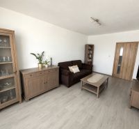 Living room with wooden furniture, floor with wood decor, 3-room apartment.