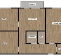 The floor plan of a 3-room apartment with wood-patterned flooring, includes a balcony and a pantry.