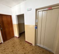 Entrance hall of a 3-room apartment with an elevator and a floor with a wooden decor.
