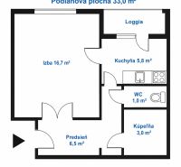 Floor plan of a 1-bedroom apartment with a loggia, kitchen, bathroom, and hallway.
