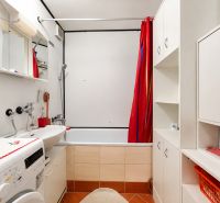 Bathroom with a bathtub, sink, and washing machine, suitable for a studio apartment.
