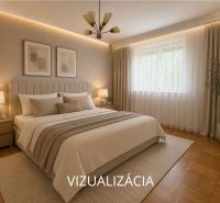 Bedroom in a 2-room apartment with curtains, carpet, and floor with wooden decor.