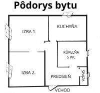 Floor plan of a 2-room apartment: rooms, kitchen, bathroom with toilet, and pantry.