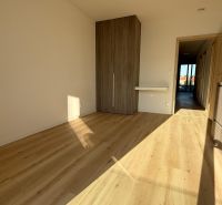 A room in a 3-room apartment with a wooden decor floor and a built-in wardrobe.