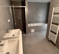 A bathroom with two sinks, a bathtub, and a shower in a 3-room apartment.