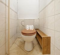 Bathroom with toilet and wooden decor flooring in a 2-room apartment.