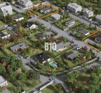 Aerial view of properties - housing in Nitra with green gardens and streets.